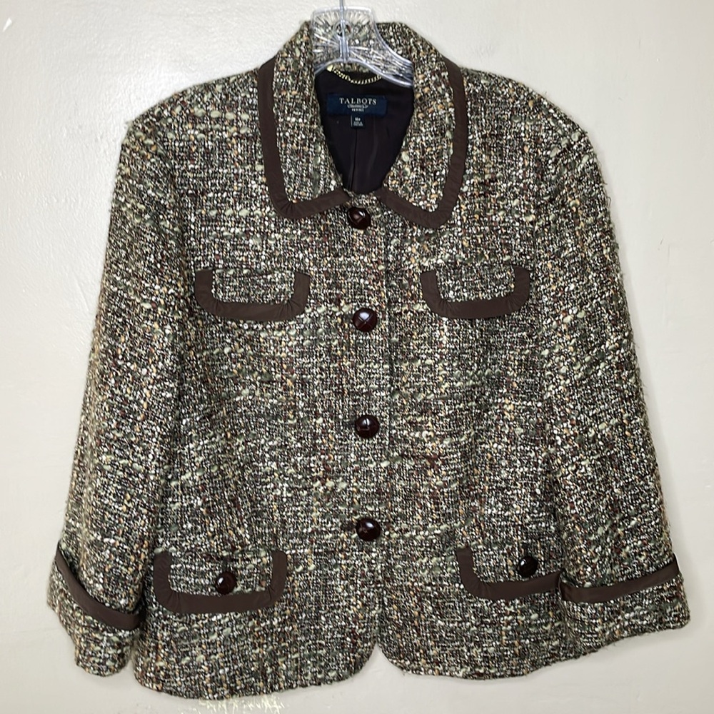 TALBOTS Petites Blazer Green & Brown Woven Tweed WOOL Blend Single Breasted 10P